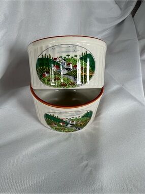 Vintage Newcor Stoneware Ramekins - Country Village Pattern (Set of 2)